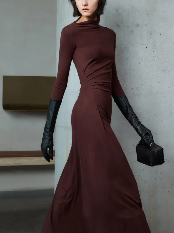 Bodycon Asymmetrical Neck Long Sleeve Ruched Maxi Dress sold by COMMENSE