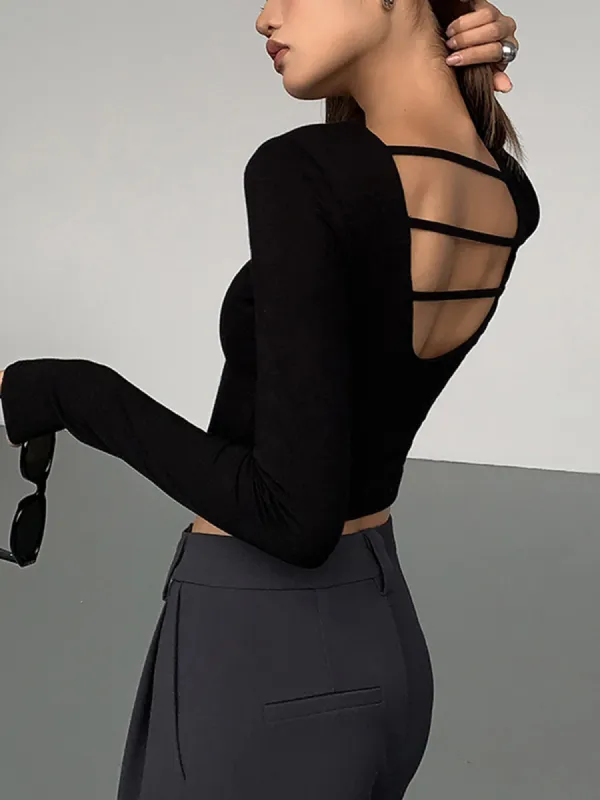 Cut Out Open Back Long Sleeve Crop Top made by COMMENSE