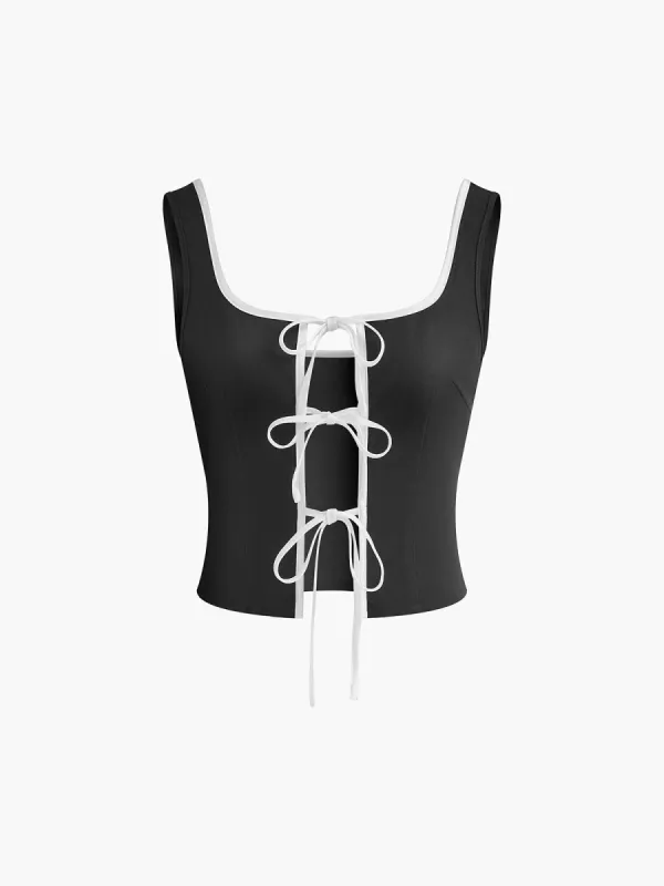 Square Neck Lace Up Blouse sold by COMMENSE