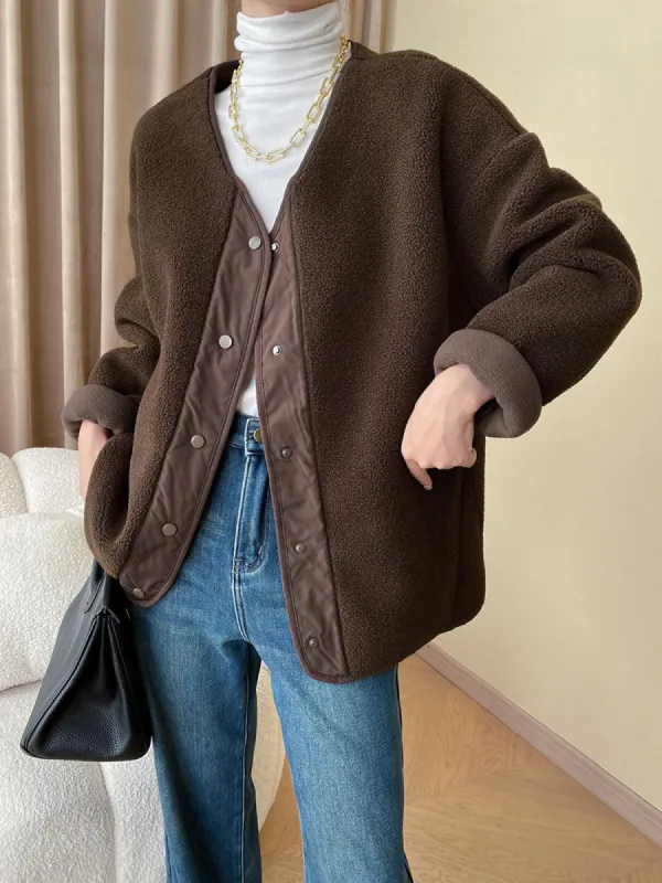 Patchwork Button-down Fleece Jacket sold by COMMENSE