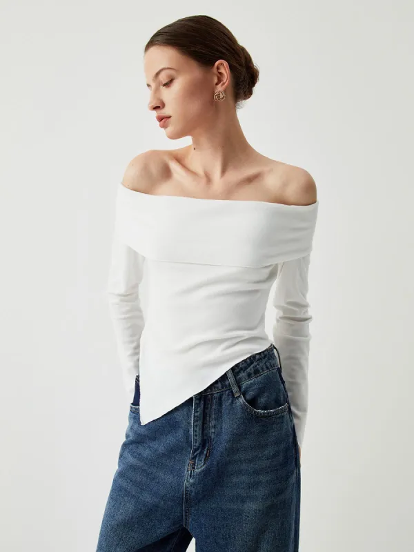 Overfold Off-Shoulder Asymmetric Long Sleeve Shirt sold by COMMENSE