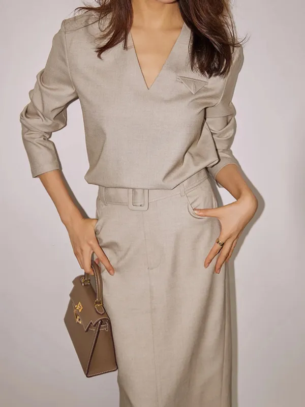 Solid V-neck Belted Two Piece Skirt Set made by COMMENSE