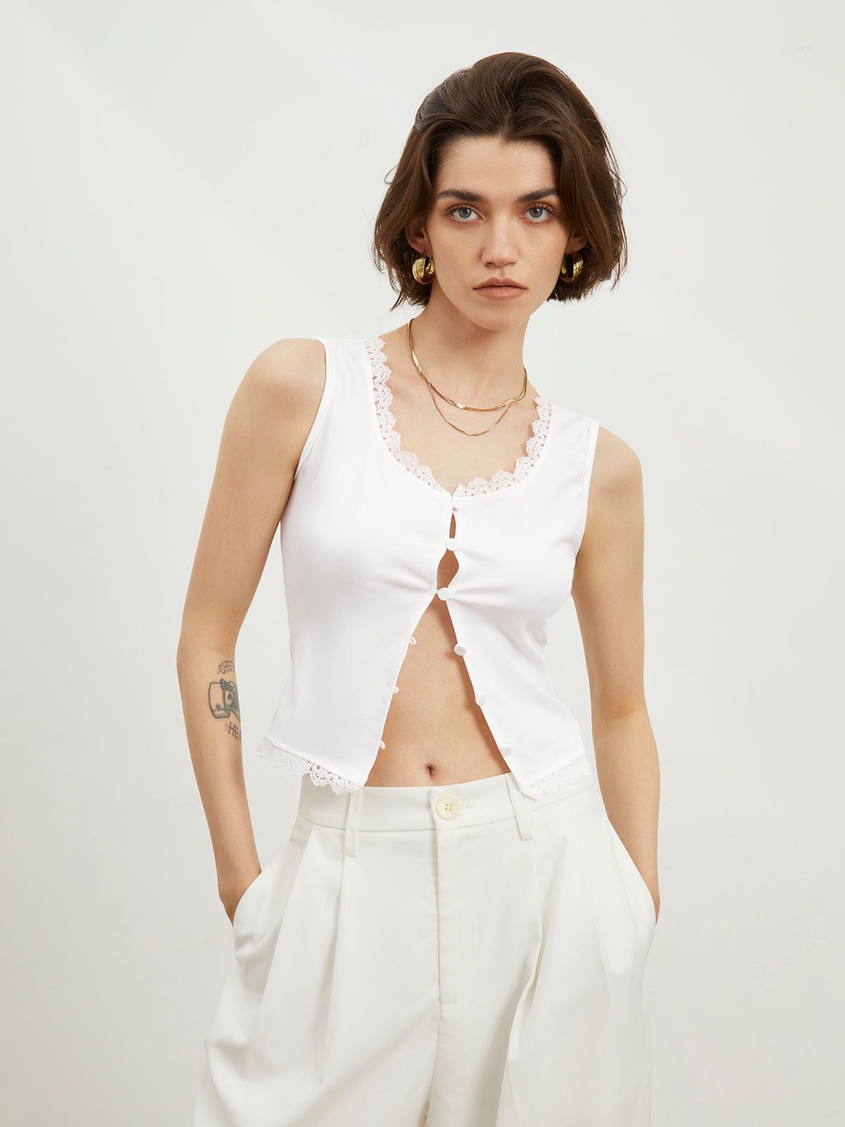 Buttoned Lace Trim Tank Top sold by COMMENSE product image thumbnail 3