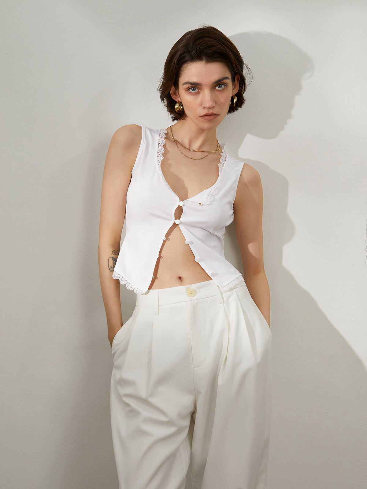 Buttoned Lace Trim Tank Top sold by COMMENSE