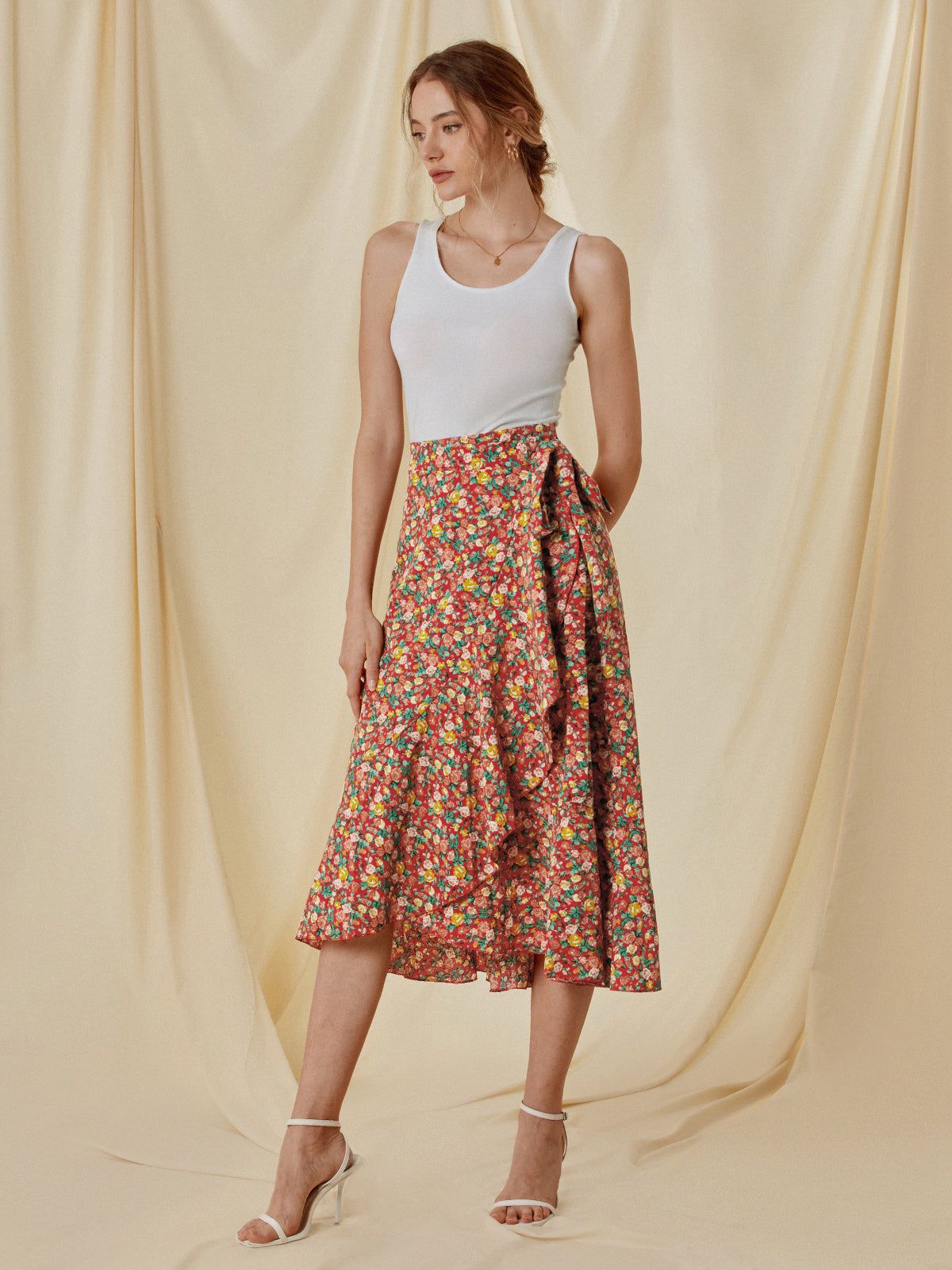 High Waisted Floral Ruffle Midi Skirt sold by COMMENSE product image thumbnail 2