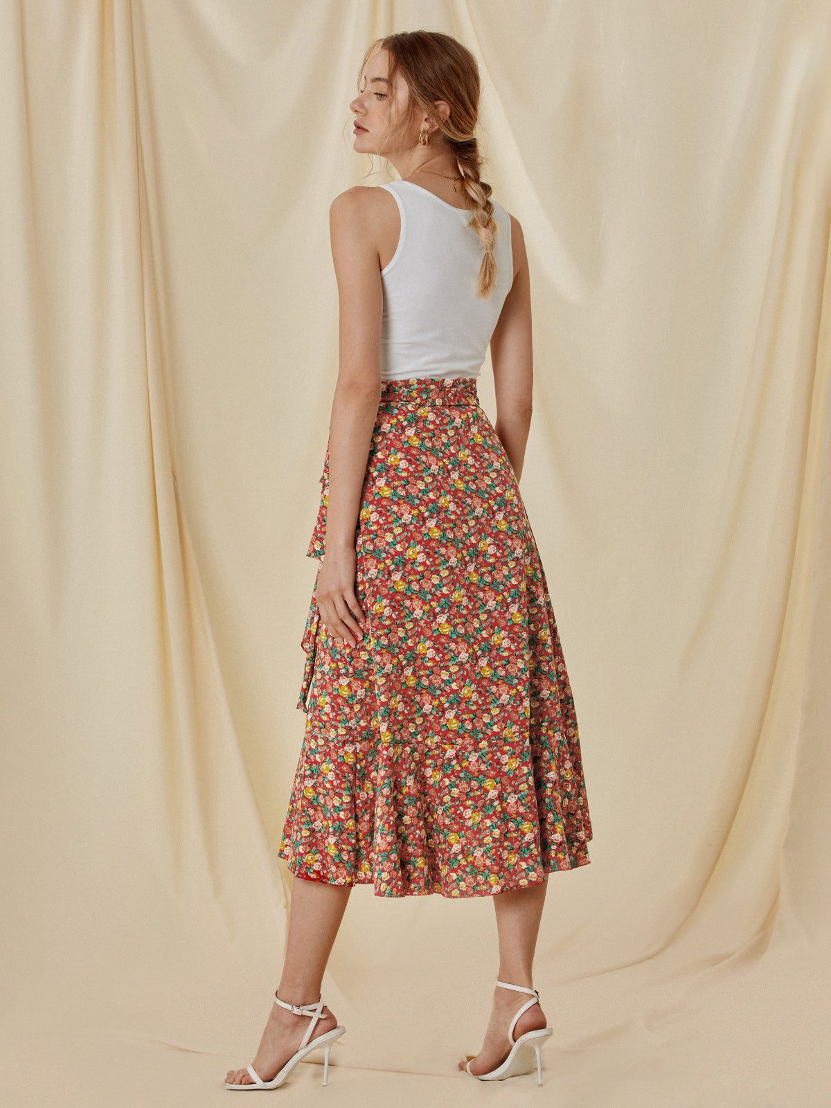 High Waisted Floral Ruffle Midi Skirt sold by COMMENSE product image thumbnail 6