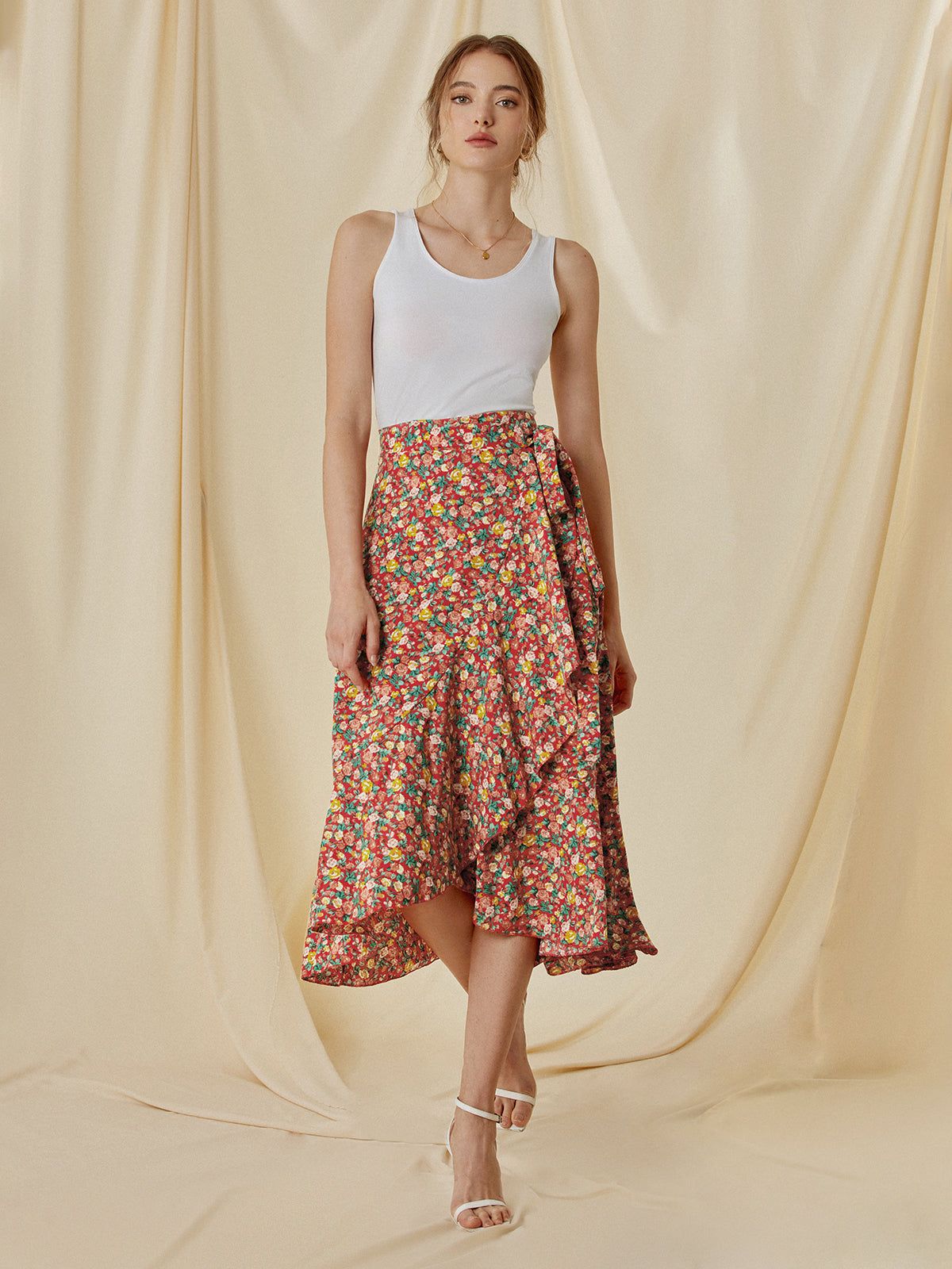 High Waisted Floral Ruffle Midi Skirt sold by COMMENSE product image thumbnail 3