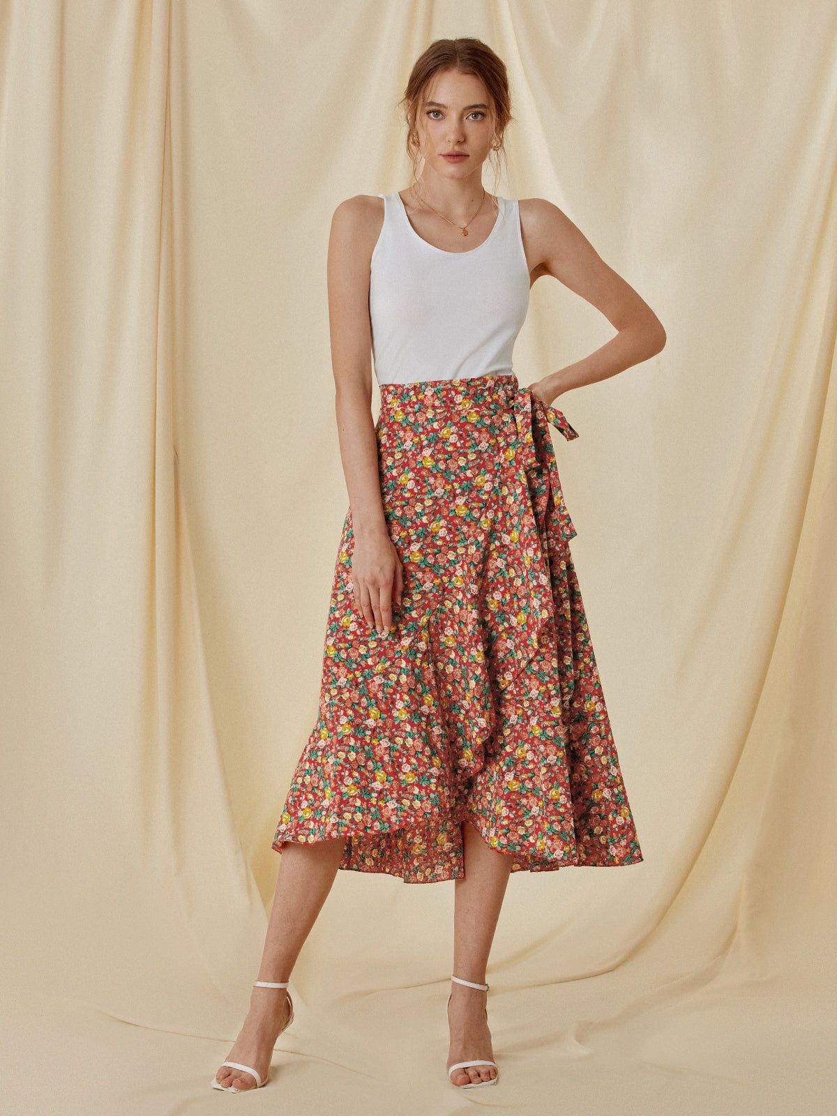 High Waisted Floral Ruffle Midi Skirt sold by COMMENSE product image thumbnail 4