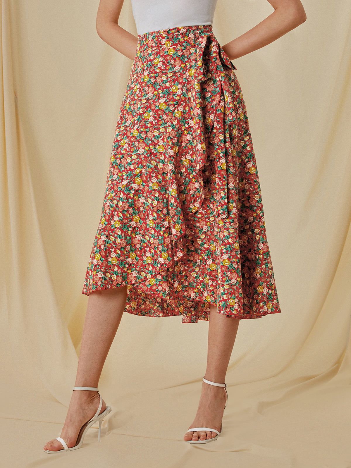 High Waisted Floral Ruffle Midi Skirt sold by COMMENSE