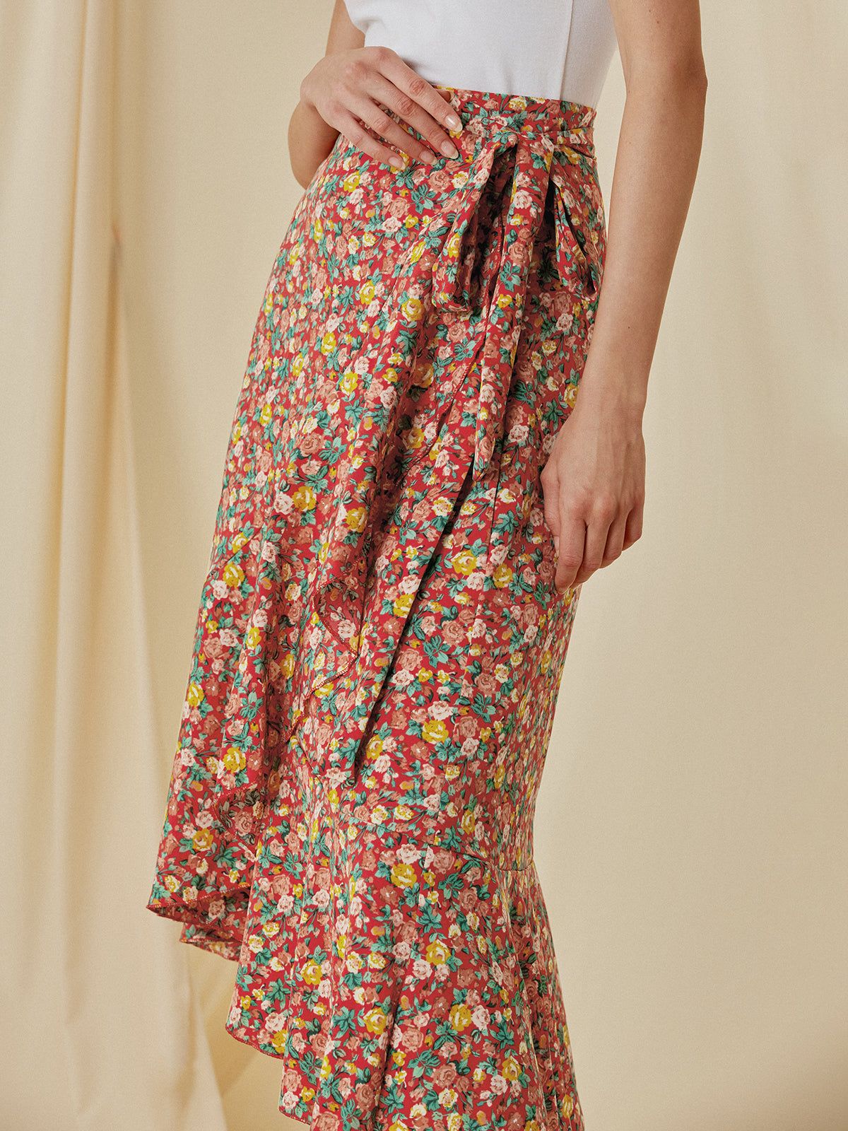 High Waisted Floral Ruffle Midi Skirt sold by COMMENSE product image thumbnail 5