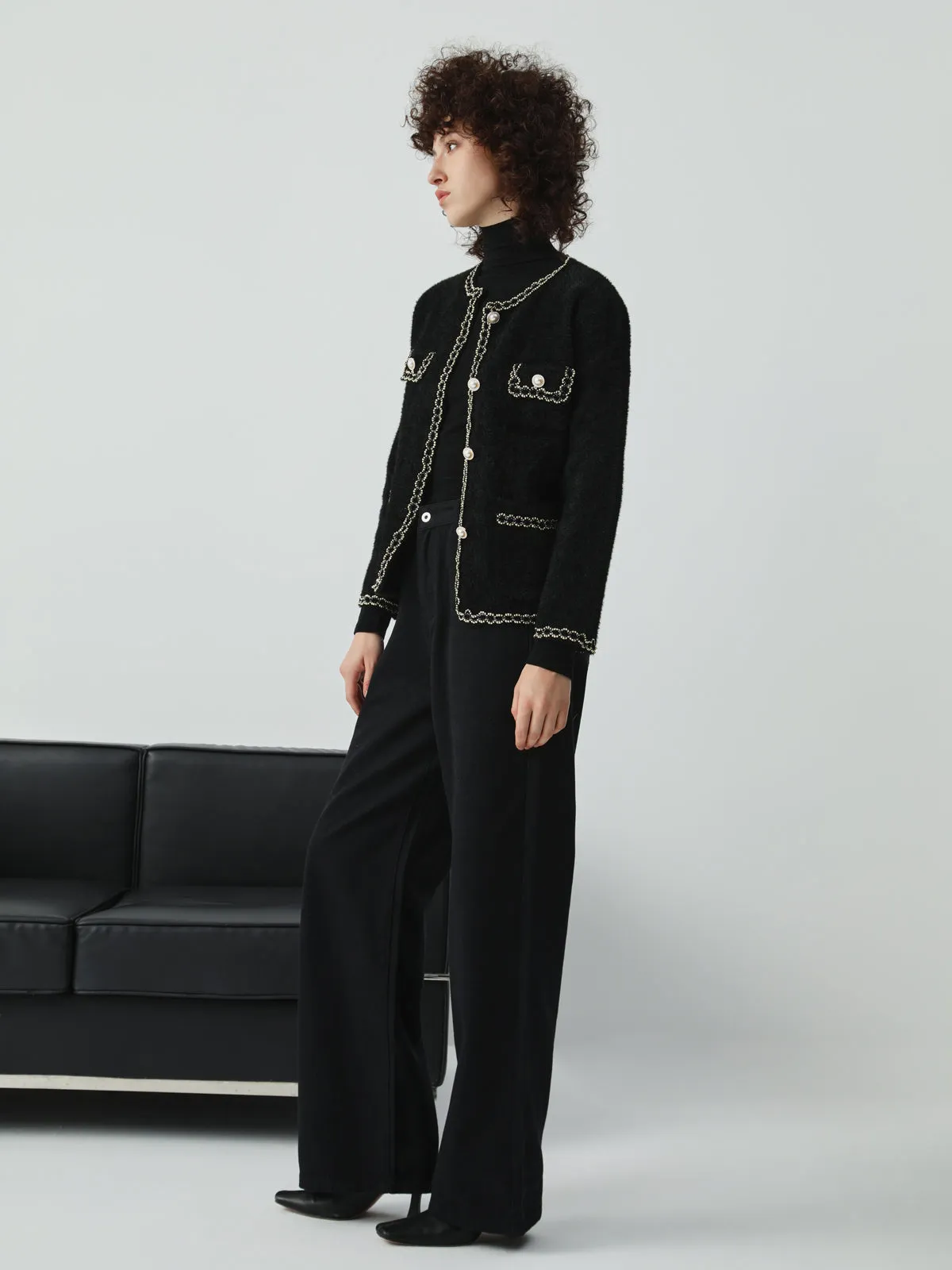 Pearl Button Contrast Trim Fuzzy Cardigan sold by COMMENSE product image thumbnail 3