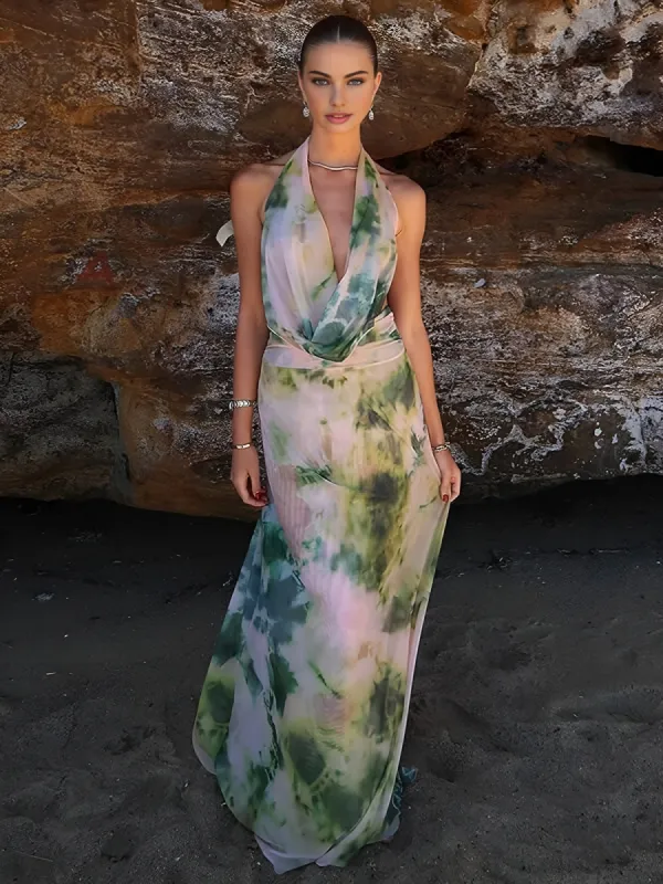 Tie Dye Print Halter Backless Skirt Set sold by COMMENSE