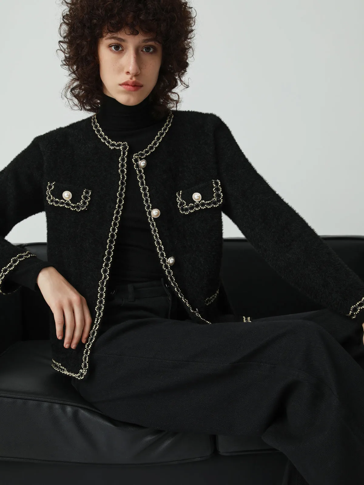 Pearl Button Contrast Trim Fuzzy Cardigan sold by COMMENSE