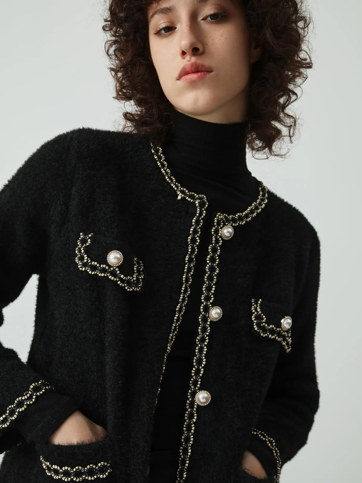 Pearl Button Contrast Trim Fuzzy Cardigan sold by COMMENSE product image thumbnail 5