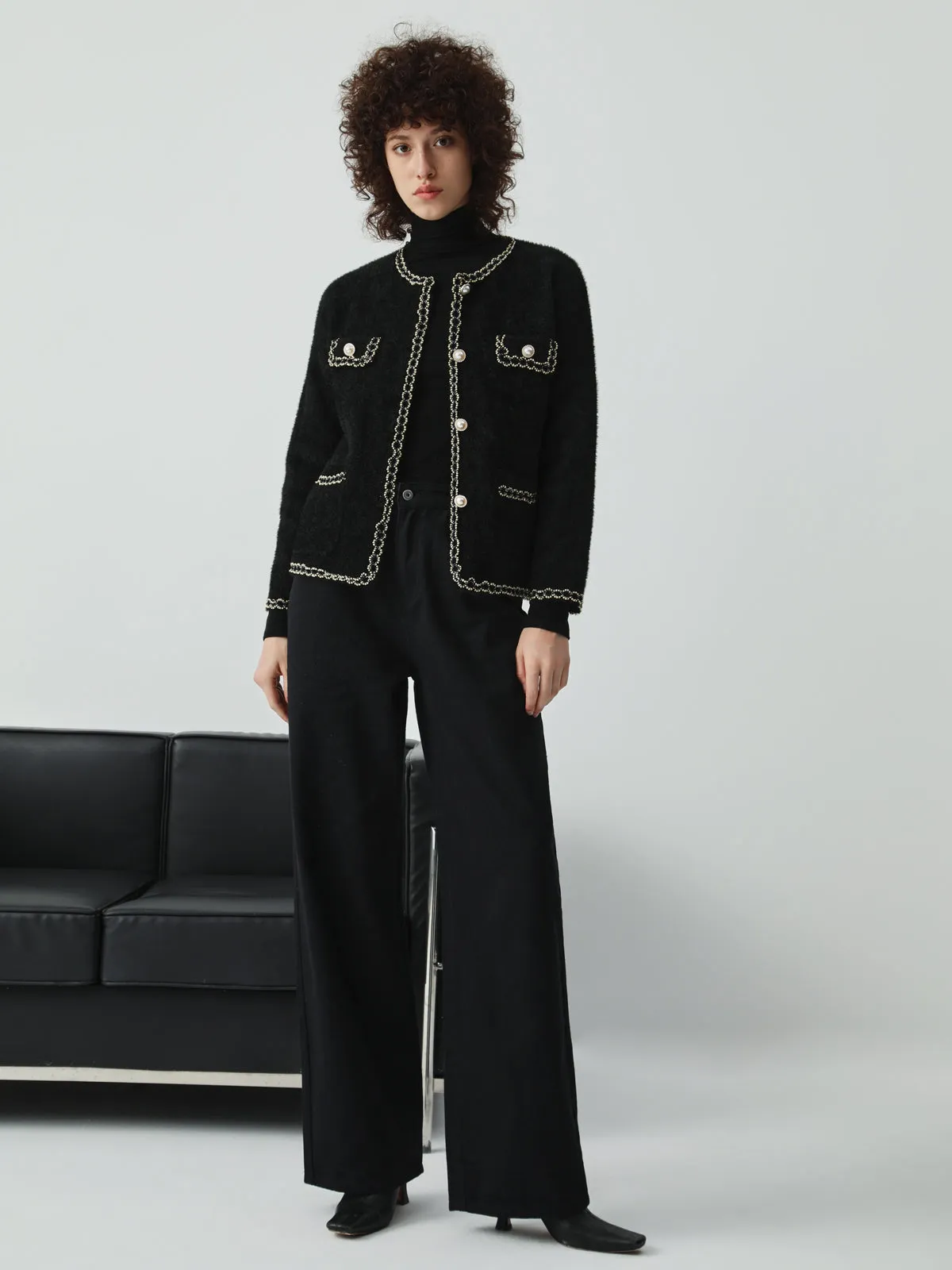 Pearl Button Contrast Trim Fuzzy Cardigan sold by COMMENSE product image thumbnail 2