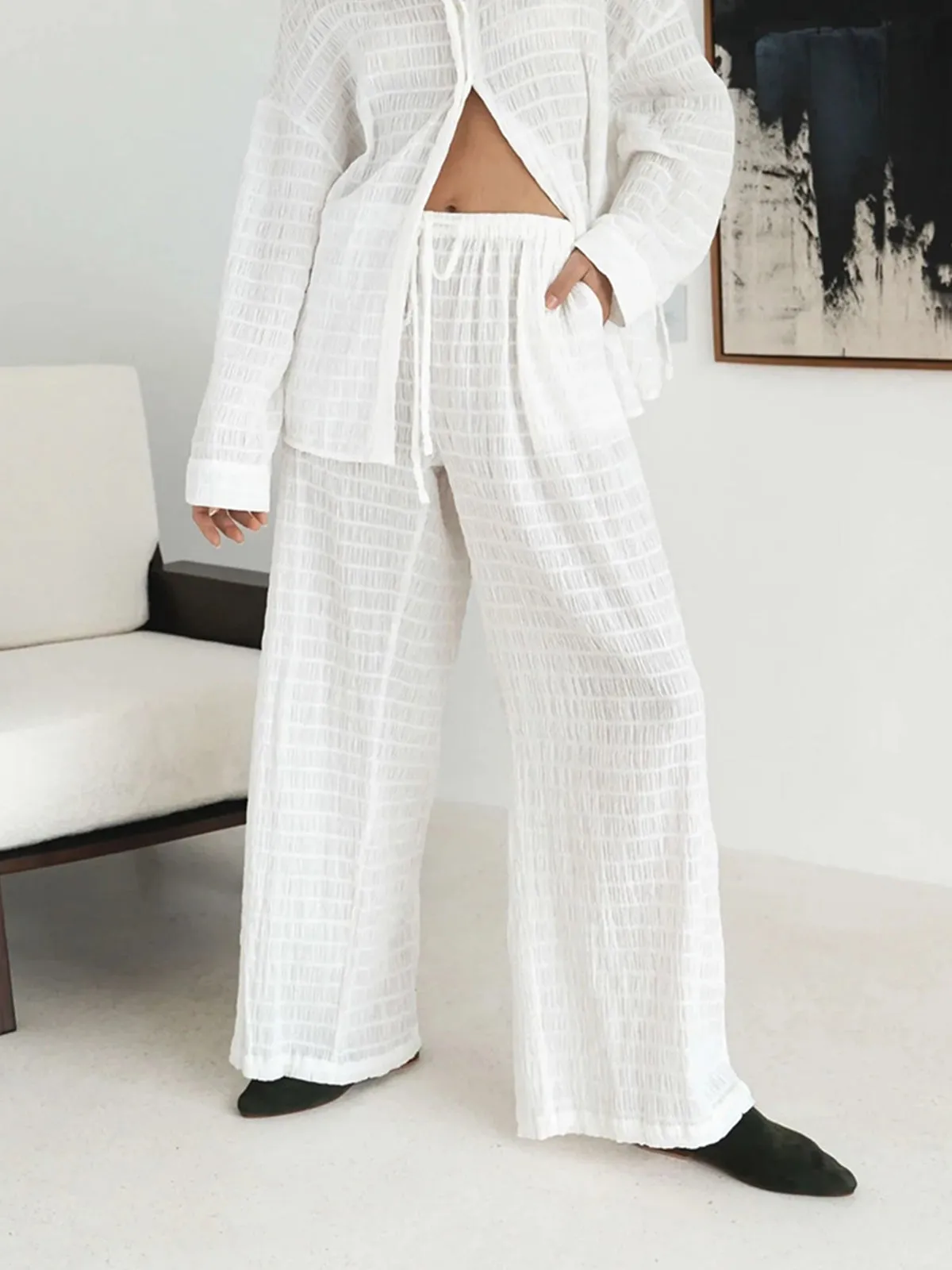 Sheer Striped Wide Leg Pants sold by COMMENSE product image thumbnail 2