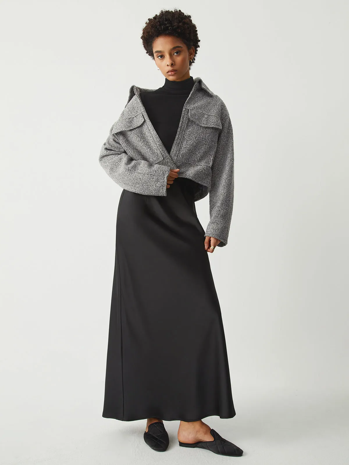 Tweed Open Collar Zip Up Crop Jacket sold by COMMENSE product image thumbnail 4