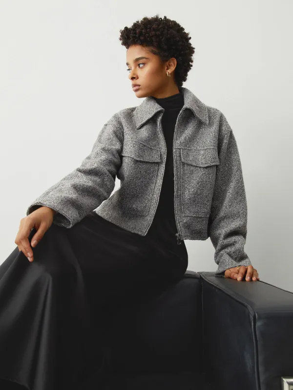 Tweed Open Collar Zip Up Crop Jacket sold by COMMENSE