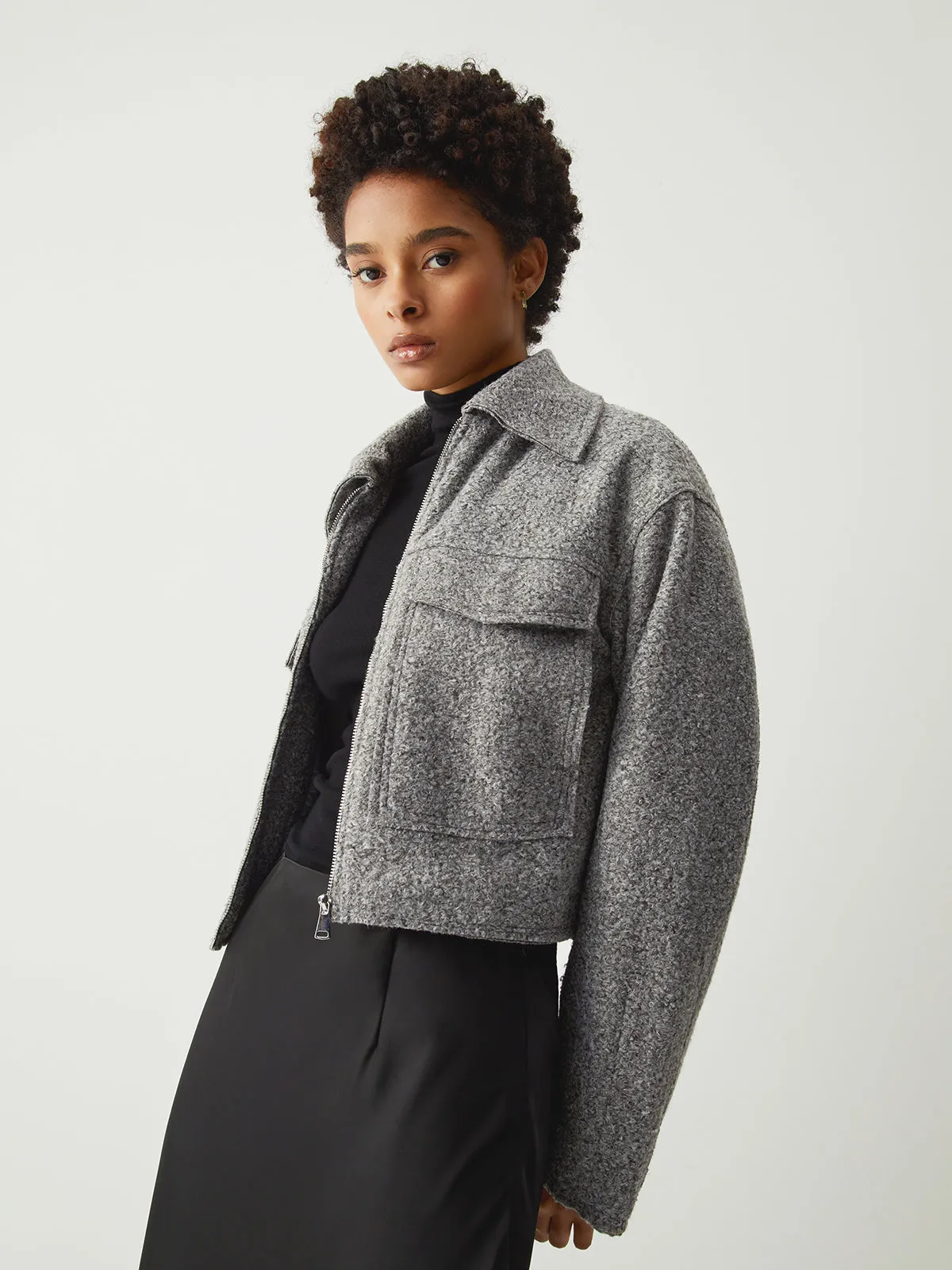 Tweed Open Collar Zip Up Crop Jacket sold by COMMENSE product image thumbnail 2