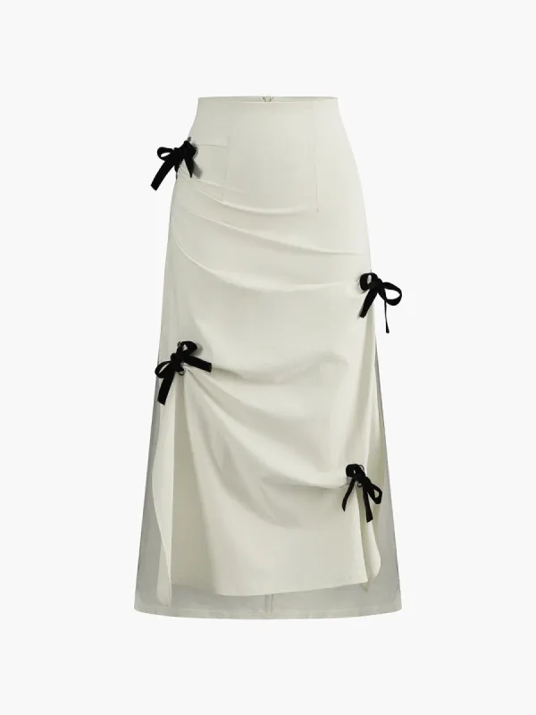 Cotton & Linen Bow Decor Split Midi Skirt sold by COMMENSE