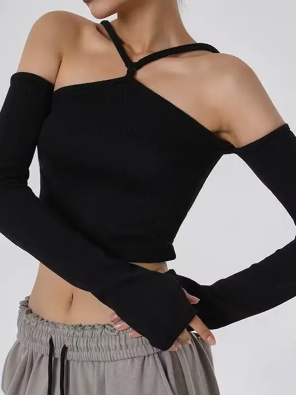 V-Shape Halter Long Sleeve Crop Shirt made by COMMENSE