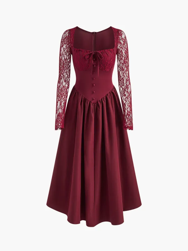Pleated Lace Sleeve Long Dress sold by COMMENSE