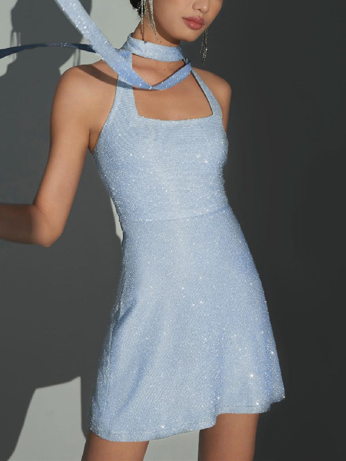 Halter Zip Up Glitter Open Back Short Dress sold by COMMENSE product image thumbnail 3