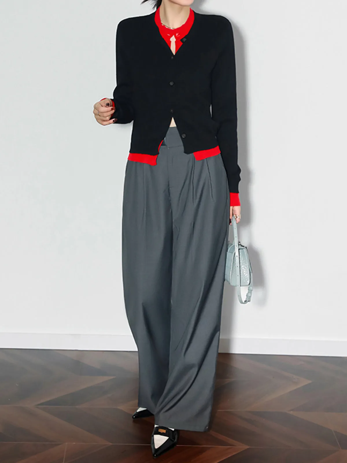 Two Tone Patchwork Contrast Trim Button Cardigan sold by COMMENSE product image thumbnail 4