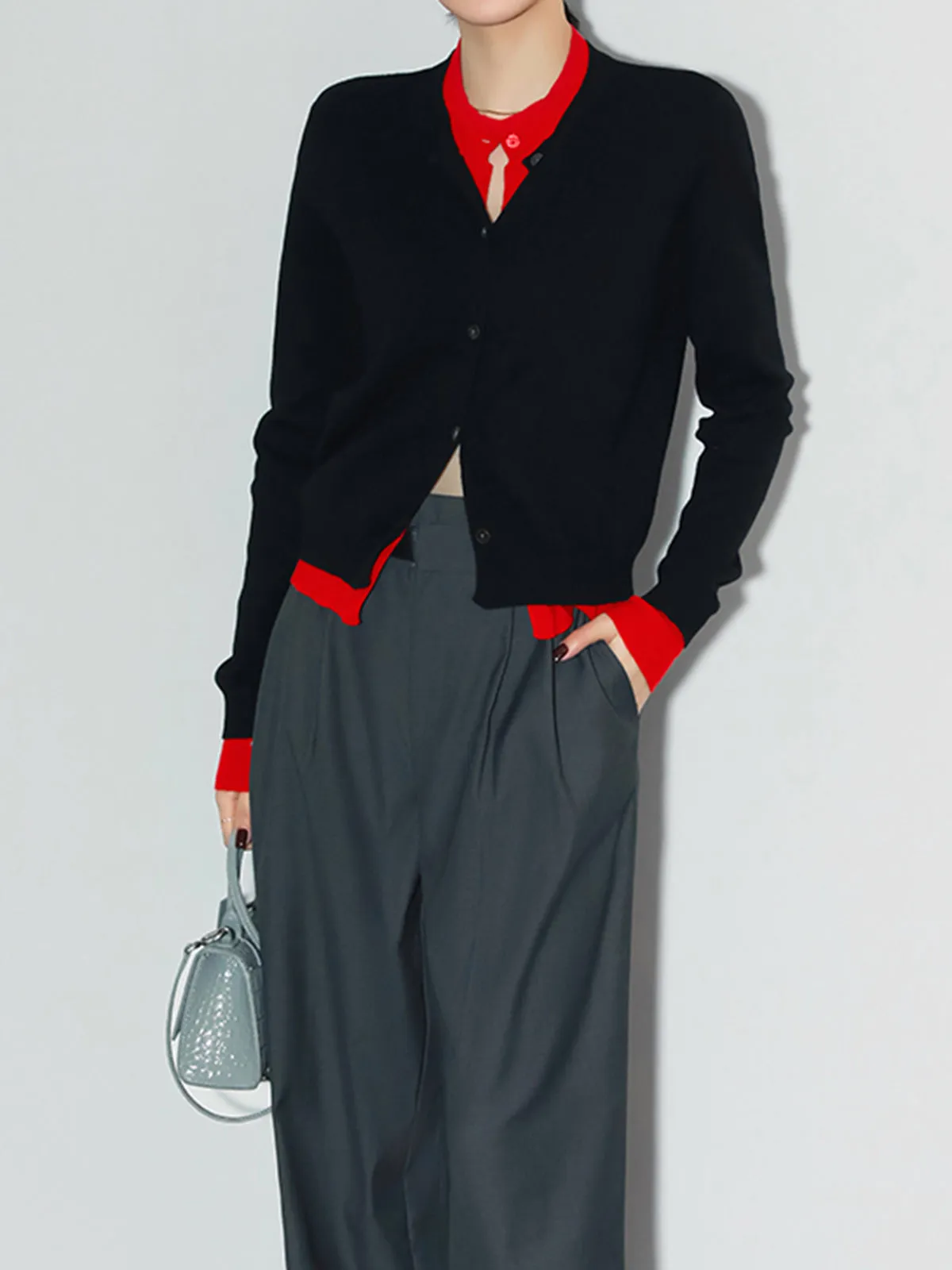 Two Tone Patchwork Contrast Trim Button Cardigan sold by COMMENSE