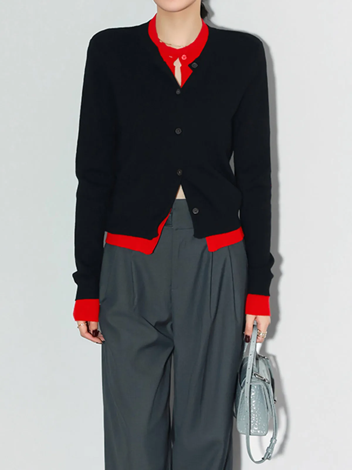 Two Tone Patchwork Contrast Trim Button Cardigan sold by COMMENSE product image thumbnail 2