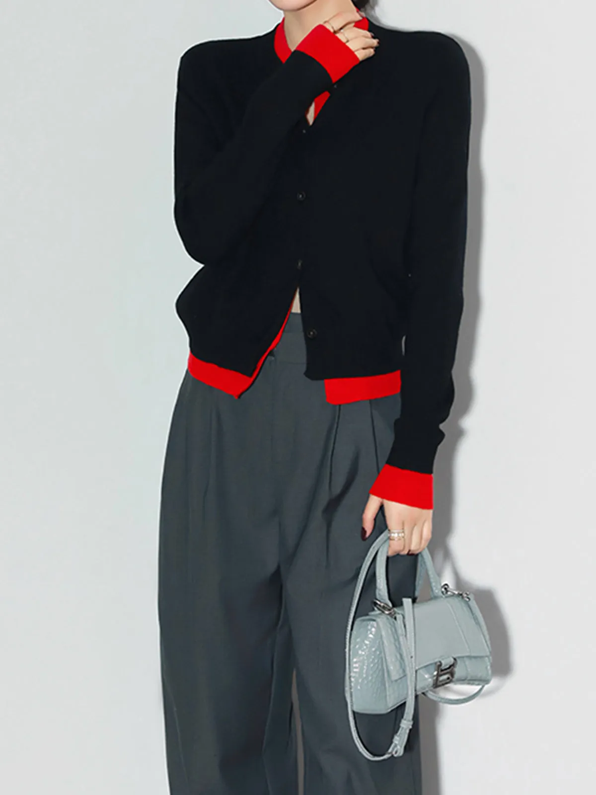 Two Tone Patchwork Contrast Trim Button Cardigan sold by COMMENSE product image thumbnail 3