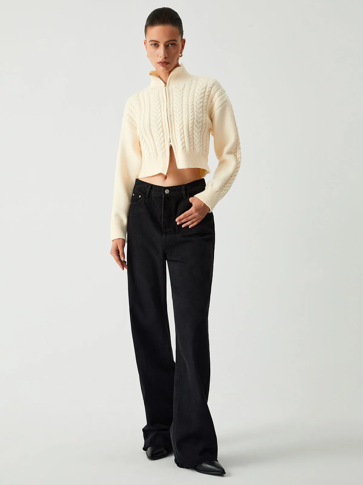 Cable Knit Two Way Zip Crop Cardigan sold by COMMENSE product image thumbnail 4