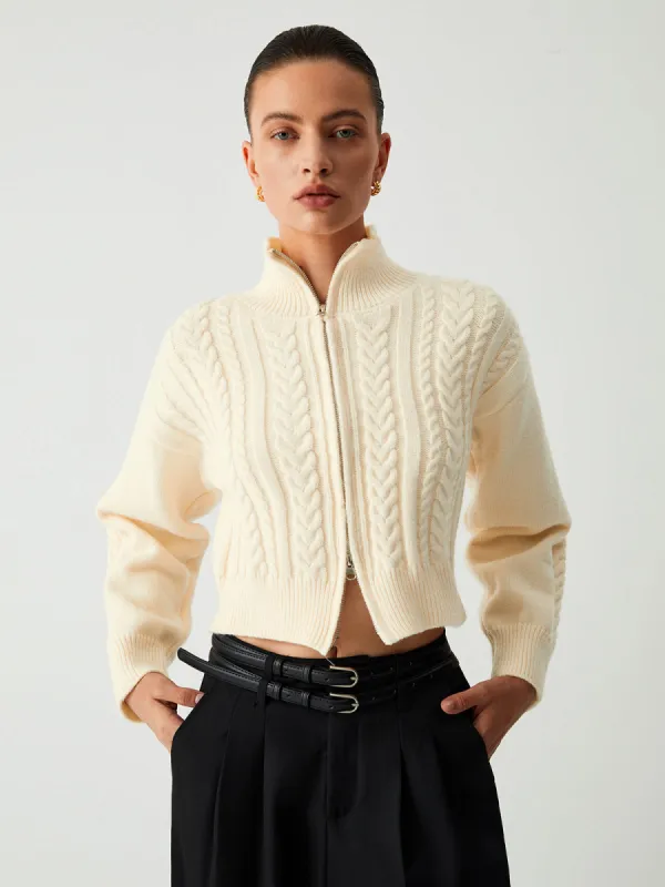 Cable Knit Two Way Zip Crop Cardigan sold by COMMENSE