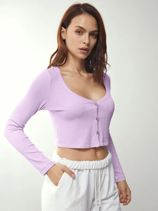 Cropped Button Front Mauve Long Sleeve Top sold by COMMENSE