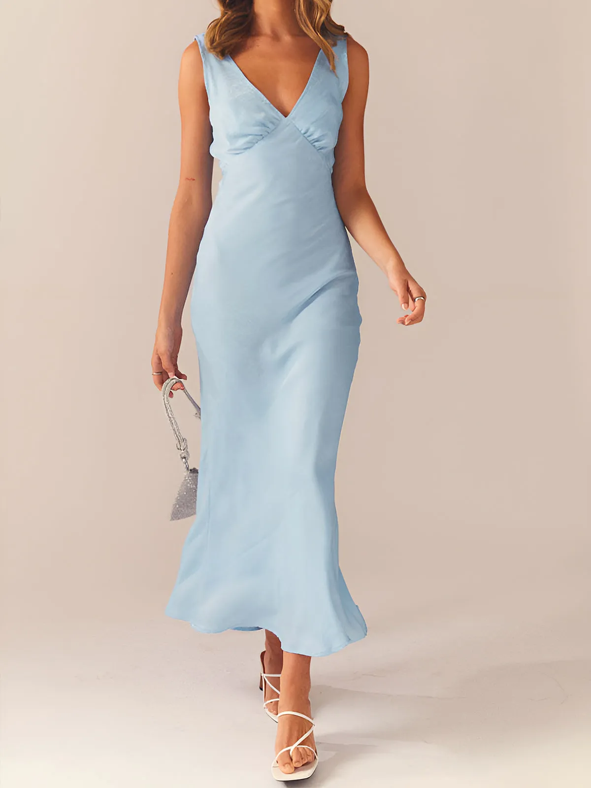 Satin V-Neck Sleeveless Long Dress sold by COMMENSE product image thumbnail 2