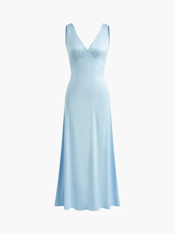 Satin V-Neck Sleeveless Long Dress sold by COMMENSE