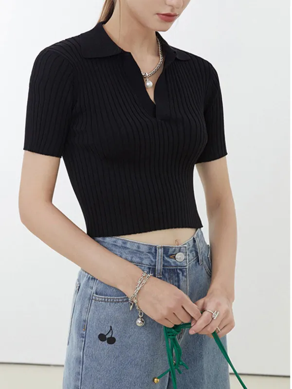 Crop Collared Polo Knit Top sold by COMMENSE
