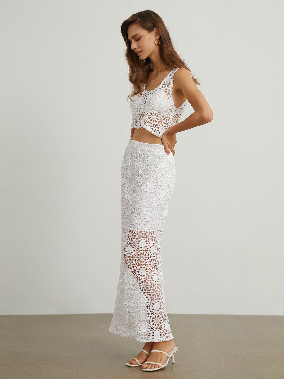 Sunflowers Floral Crochet Two Piece Skirt Set sold by COMMENSE