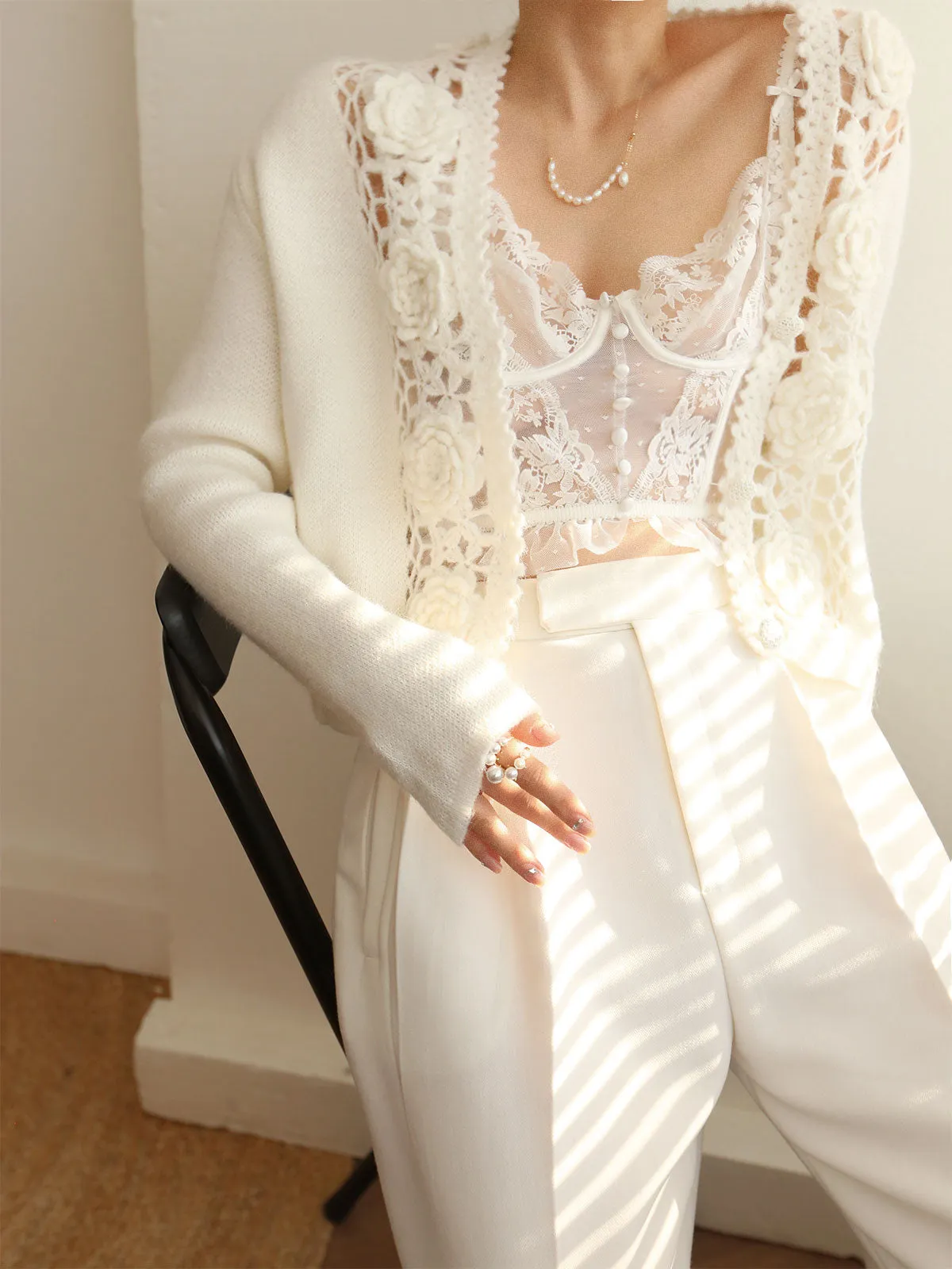 Knit Floral Crocheted Hollow V-neck Cardigan sold by COMMENSE product image thumbnail 3