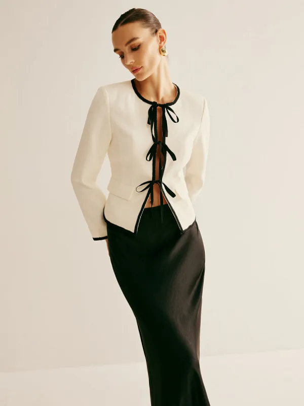 Contrast Trim Tie Front Blazer sold by COMMENSE