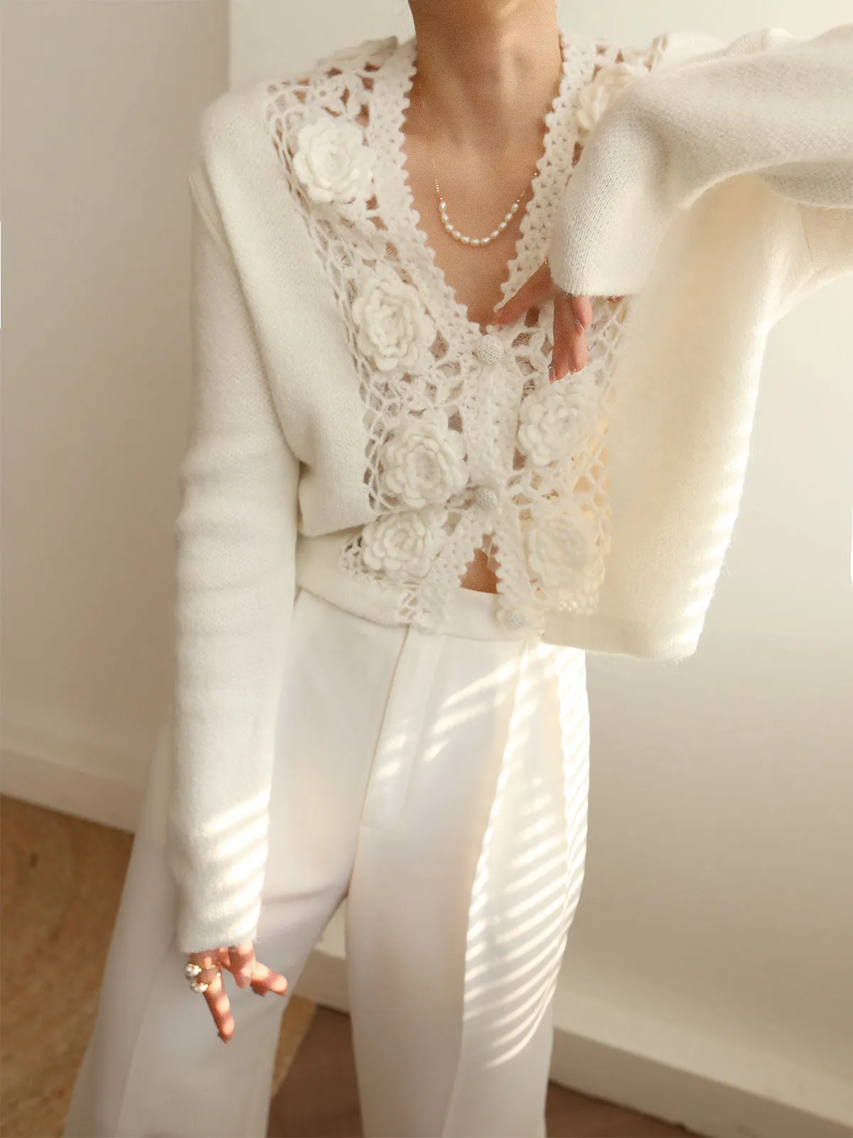 Knit Floral Crocheted Hollow V-neck Cardigan sold by COMMENSE product image thumbnail 4