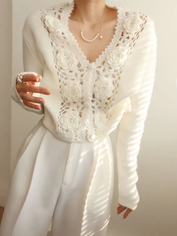 Knit Floral Crocheted Hollow V-neck Cardigan sold by COMMENSE