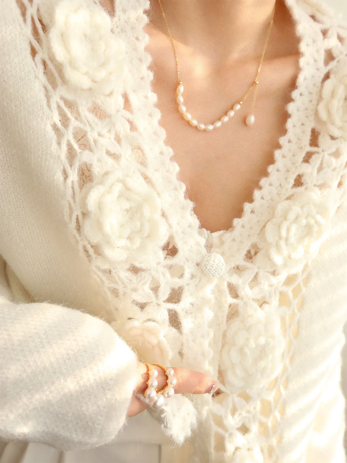 Knit Floral Crocheted Hollow V-neck Cardigan sold by COMMENSE product image thumbnail 5