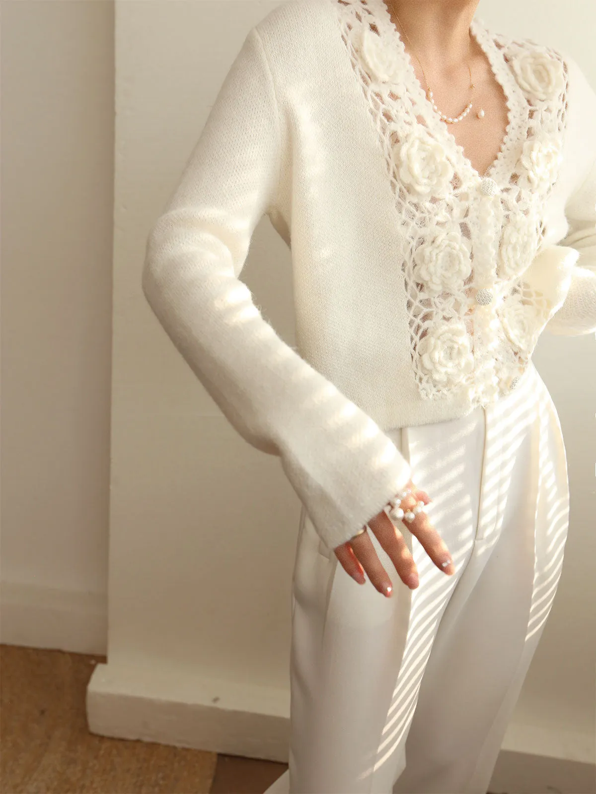 Knit Floral Crocheted Hollow V-neck Cardigan sold by COMMENSE product image thumbnail 2