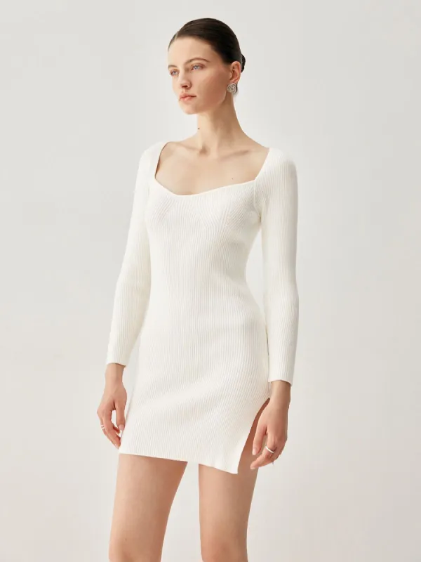 Ribbed Knit Slit Sweater Short Dress sold by COMMENSE