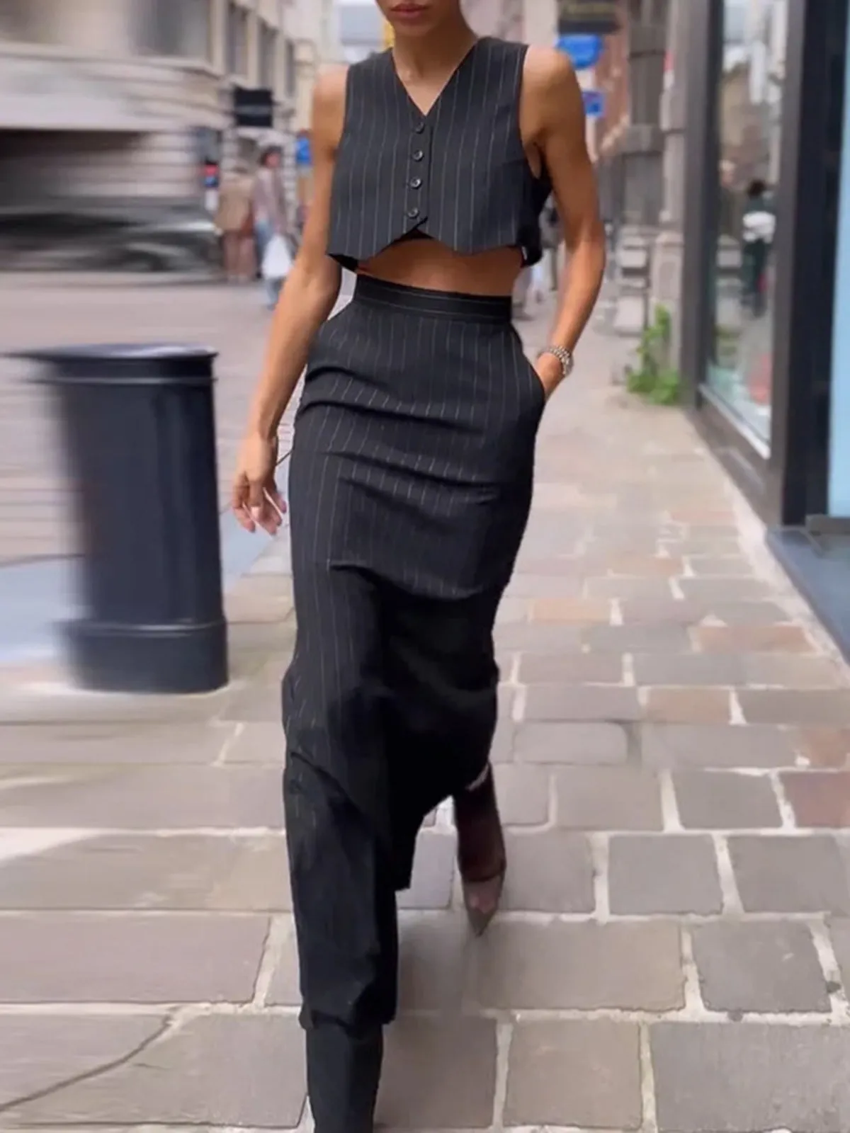 Pinstripe Button Crop Two Pieces Skirt Set sold by COMMENSE product image thumbnail 2