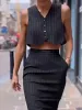 Pinstripe Button Crop Two Pieces Skirt Set sold by COMMENSE