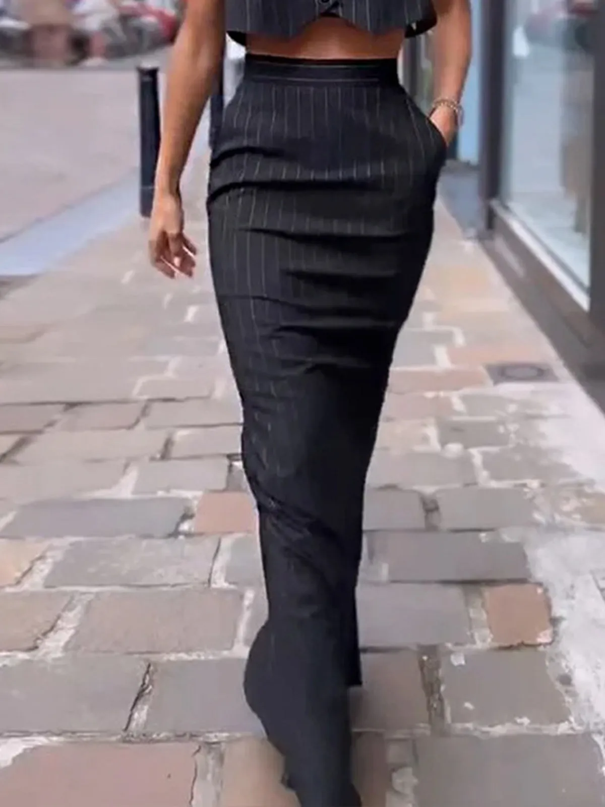 Pinstripe Button Crop Two Pieces Skirt Set sold by COMMENSE product image thumbnail 4