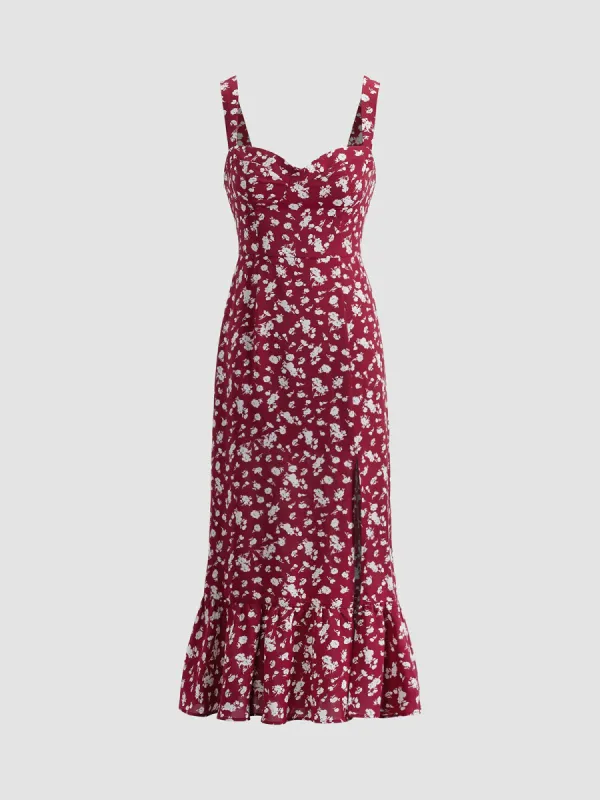 Square Neck Contour Floral Slit Midi Dress sold by COMMENSE