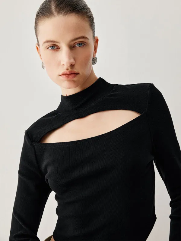 Knit Cut Out Mock Neck Long Sleeve Crop Top sold by COMMENSE